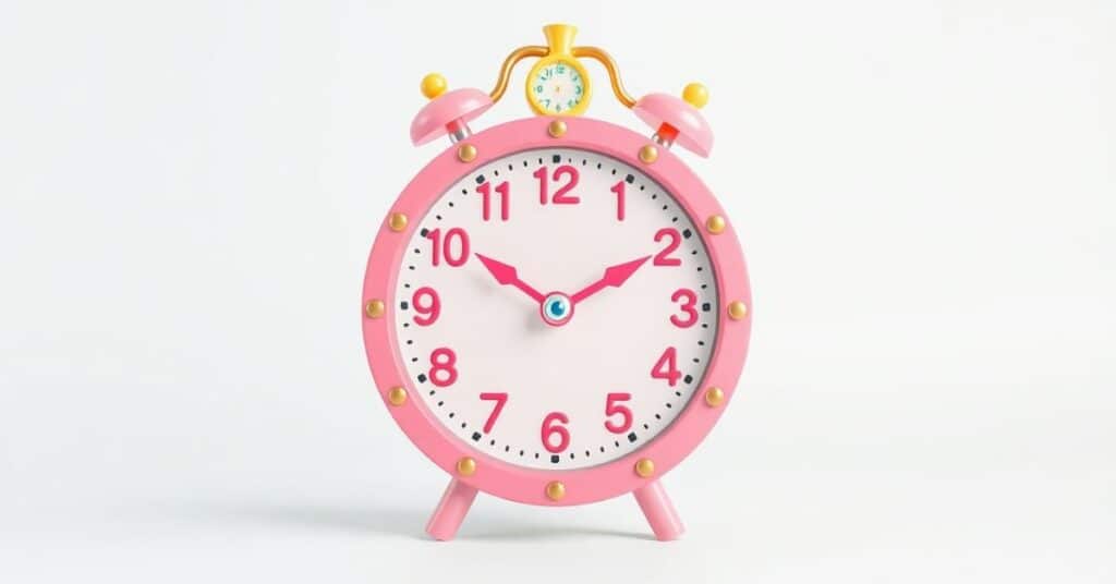 A delightful image of a whimsical clock, featuring playful designs and vibrant colors. The clock is adorned with quirky numbers and animated hands, creating a cheerful and inviting appearance