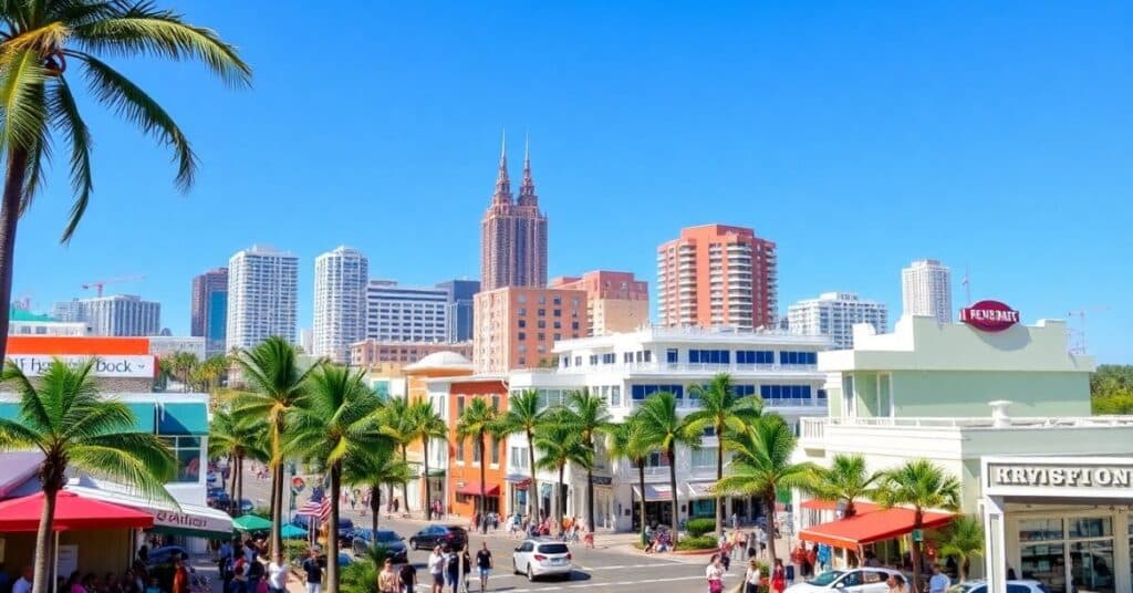 The image captures the essence of urban life in Florida, featuring a mix of modern architecture and classic elements, with a clear blue sky overhead.