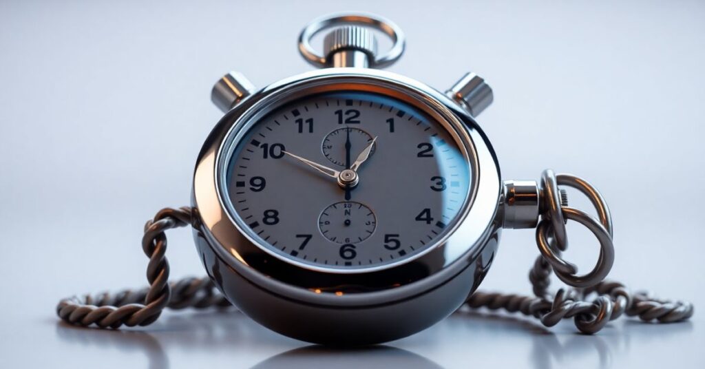 A detailed and realistic depiction of a stopwatch, showcasing its intricate design and features. The stopwatch is positioned prominently, with a focus on its dial, buttons, and reflective surfaces.