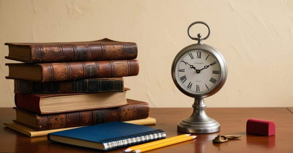 A traditional wooden study desk in a warm atmosphere, cluttered with worn, leather bound books, alongside a simple, mechanical clock with a round, white face. The clock is showcasing the importance of 999 seconds.