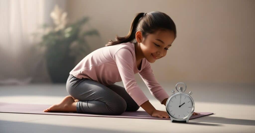 A realistic image of a young girl, practicing yoga in a peaceful environment, with a sleek, silver stopwatch placed on the floor beside her and showcasing the importance of 999 seconds.