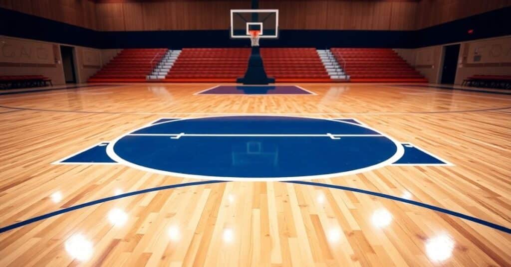 A basketball court featuring the free throw line, prominently displayed with clear markings and a polished wooden floor.