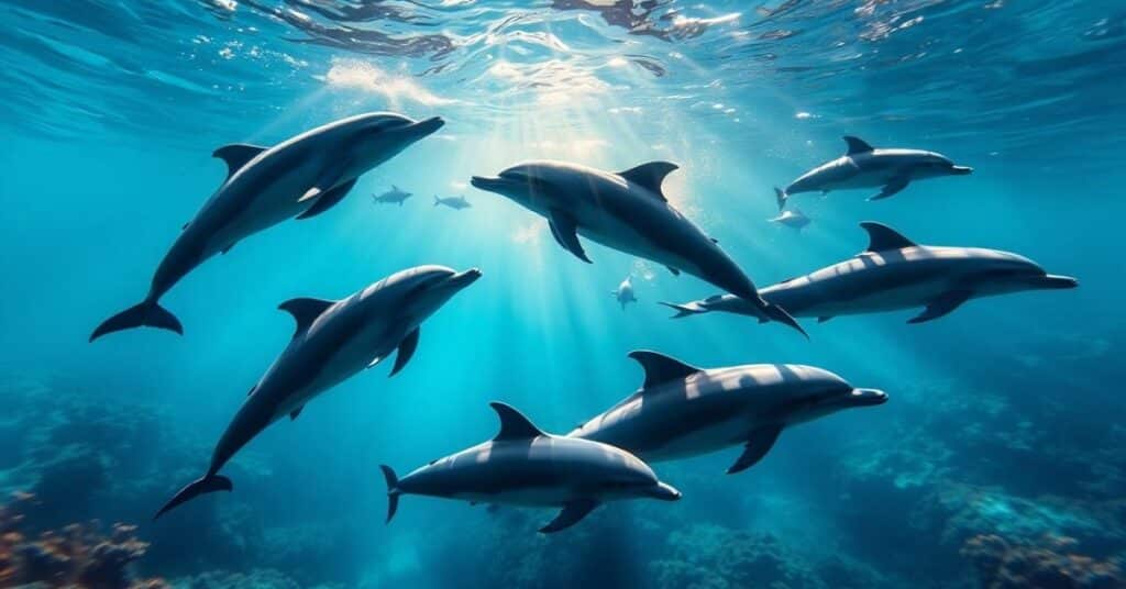 A captivating scene featuring a group of 20 feet bottlenose dolphins swimming gracefully through crystal clear ocean waters.