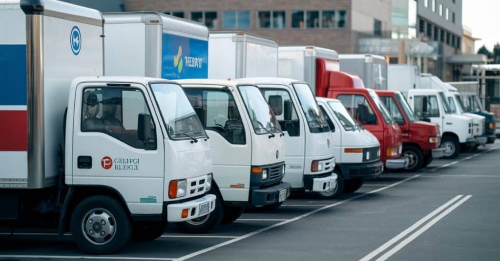 A photo of a row of delivery trucks parked on a street. The trucks are from various companies, each with its unique logo on the side.