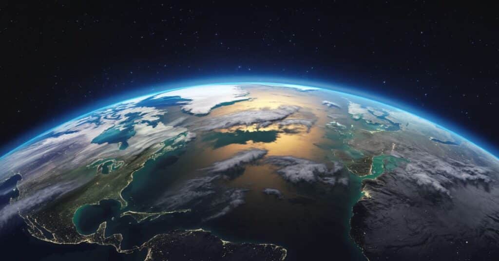 A unique image of Earth taken from space. The image has a blue and green hue, with white clouds and a thin blue atmosphere.