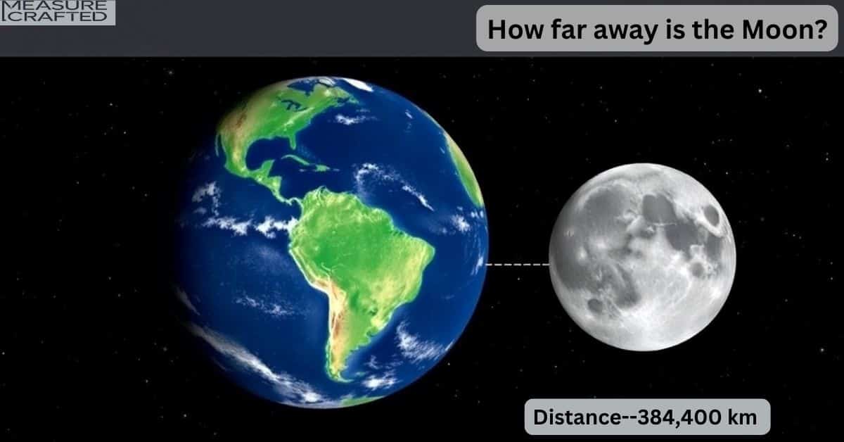 A picture of the Earth and Moon showing a distance of 384,400 km.