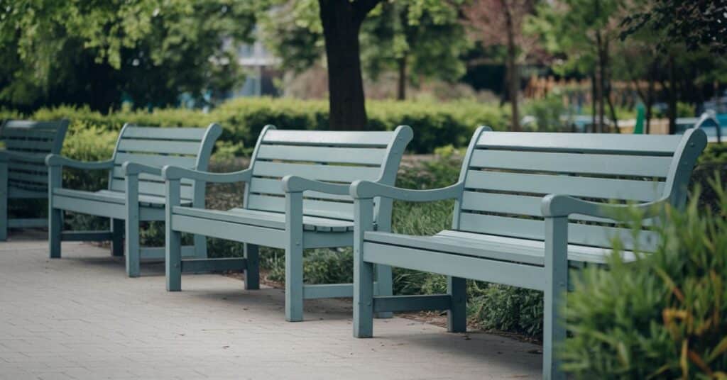 A photo of four park benches lined up in a row. The benches are made of wood and are painted in a light blue colour.