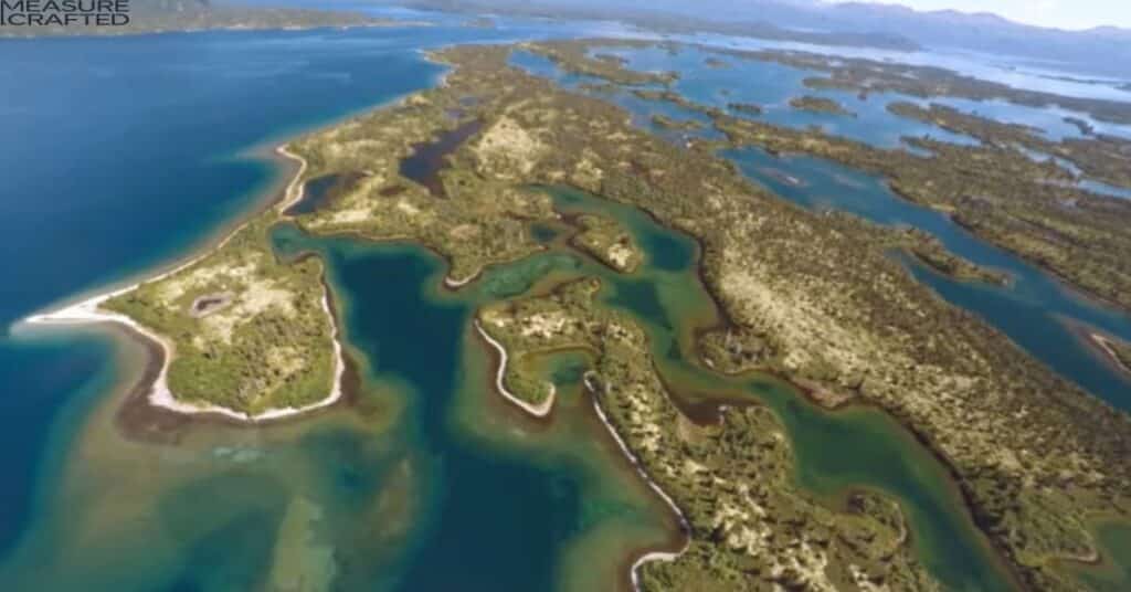 Ariel view of one side of the Iliamna Lake in Alaska.