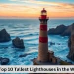 An image of a lighthouse standing tall against a coastal backdrop. The scene captures the surrounding landscape, including crashing waves and rocky cliffs. The sky is painted in soft, warm hues, hinting at a sunset.