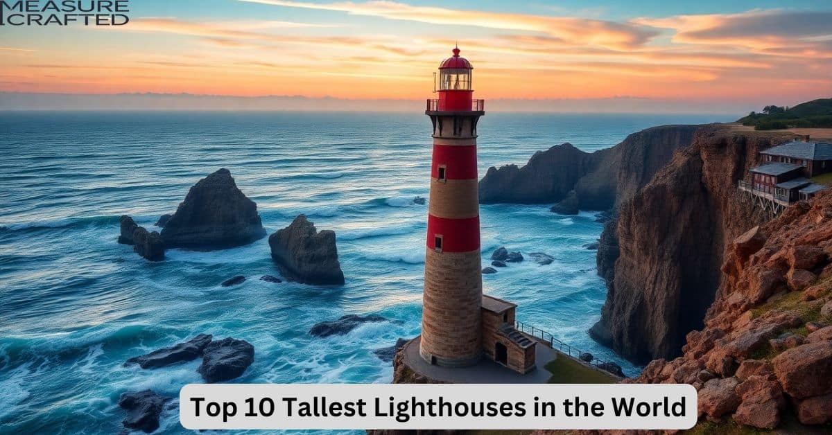 An image of a lighthouse standing tall against a coastal backdrop. The scene captures the surrounding landscape, including crashing waves and rocky cliffs. The sky is painted in soft, warm hues, hinting at a sunset.