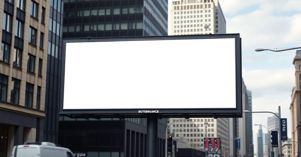 A medium sized billboard set in an urban environment, featuring a blank canvas that invites creativity.