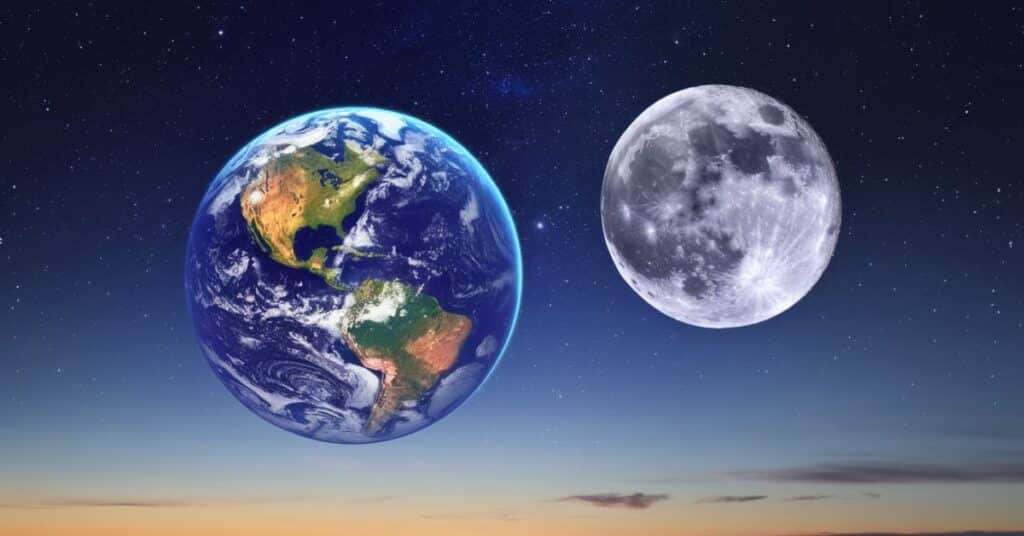 A photo of the Earth and the Moon in the sky. The Earth is partially visible, with a bright blue and green surface. The Moon is larger and has a cratered surface. The background contains a few stars.