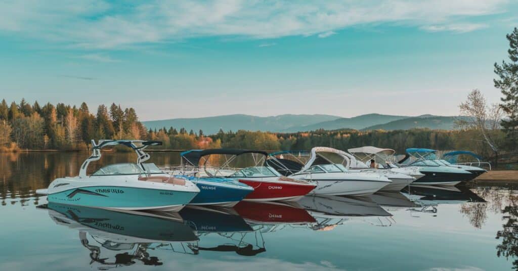 A photo of a group of 20 feet motorboats on a calm lake. The boats have various colors and designs,