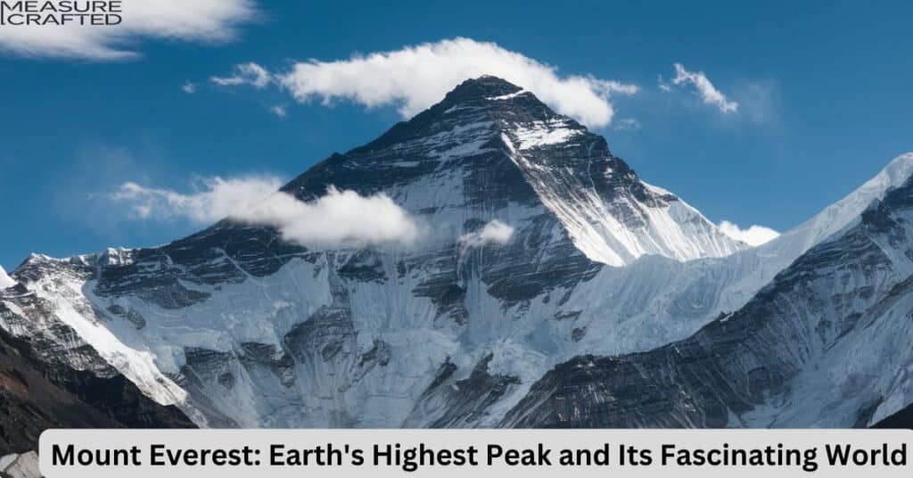 A photo of Mount Everest with a clear blue sky and a few clouds. The peak is capped with snow and is partially shrouded in clouds.