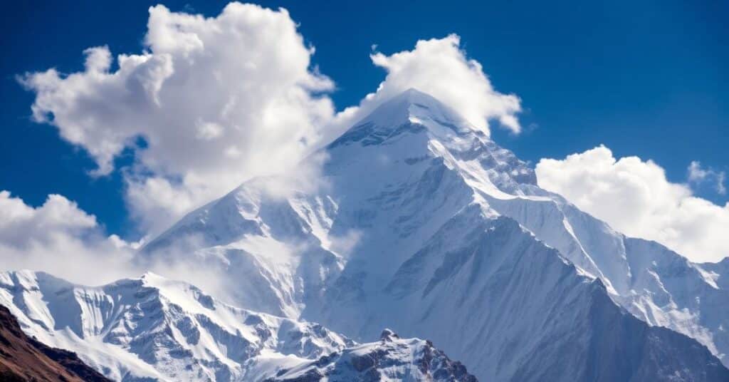 A breathtaking view of Mount Everest, showcasing its towering peak and majestic snow capped slopes. The scene captures the grandeur of the mountain, surrounded by dramatic clouds and a clear blue sky.