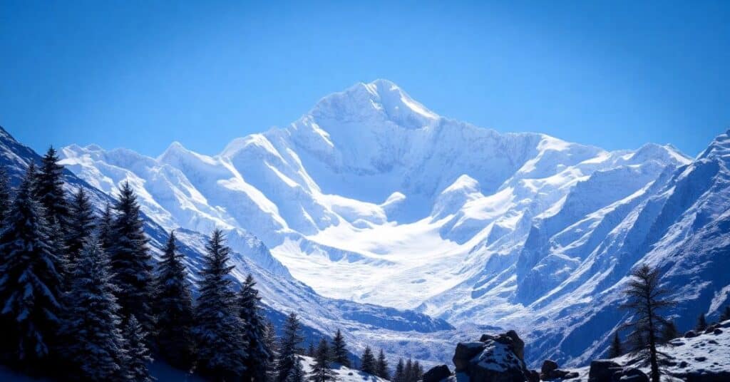 A breathtaking view of Snowy Mount Everest, showcasing its majestic peaks blanketed in the snow. The scene captures the dramatic grandeur of the mountain range, with sharp, rugged cliffs and icy slopes glistening under a clear blue sky.