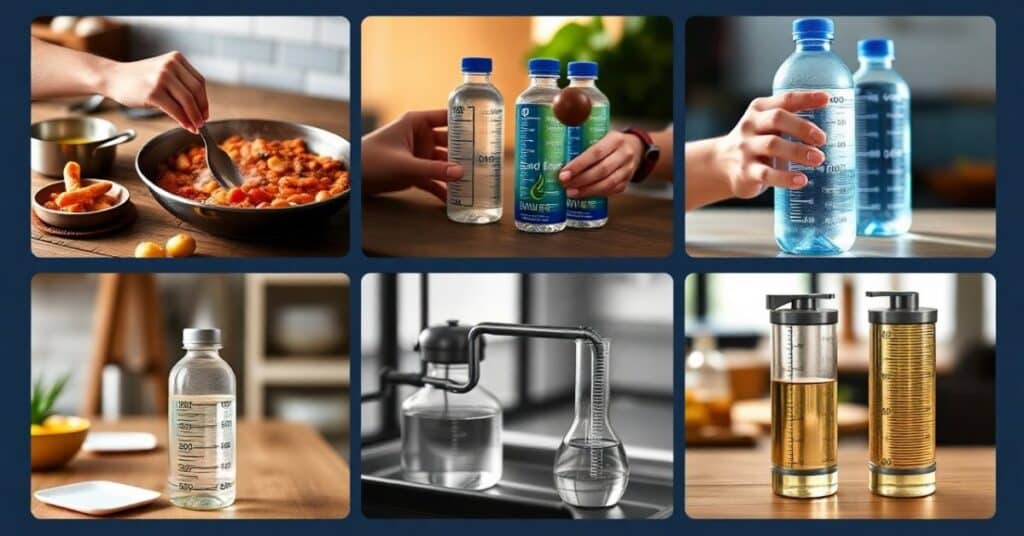 A montage of scenarios like cooking, hydration tracking with water bottles, and industrial liquid measurements in a clear and relatable design.