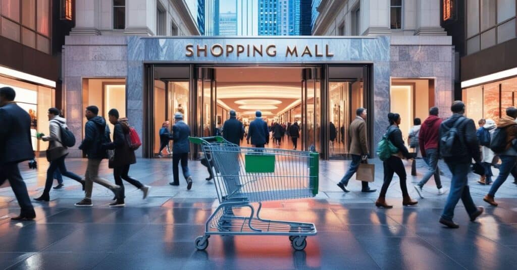 A picture of a shopping cart outside a shopping mall in an urban setting, with people passing by.