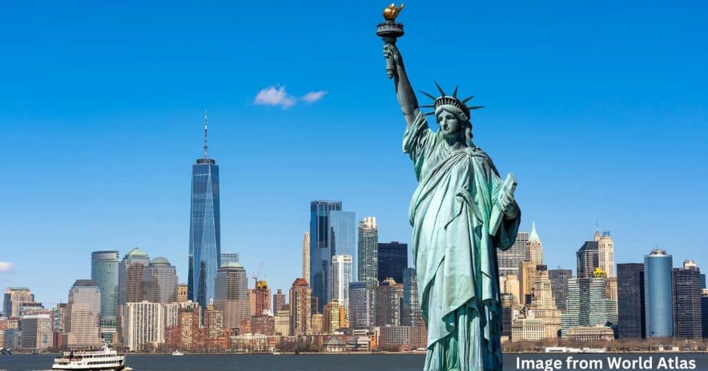 An image of Statue of Liberty in United States. The sky is clear and the image is from World Atlas.