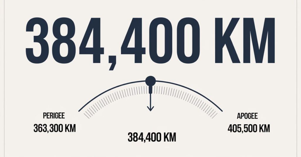 An infographic illustrating the average distance of 384,400 km and labels for apogee and perigee.