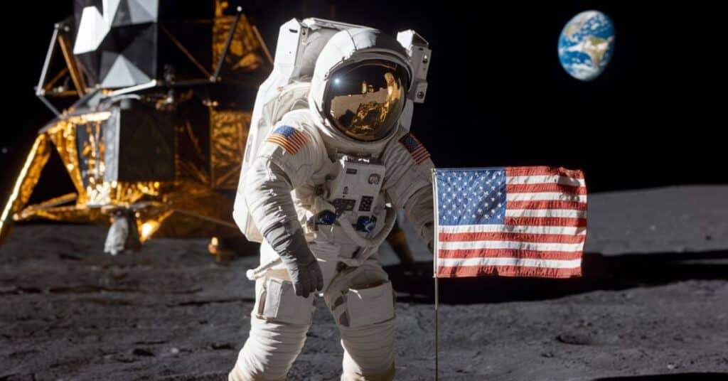 A photo of astronaut on the moon. The astronaut is wearing a white spacesuit and a helmet. He is planting a U.S. flag into the moon's surface.