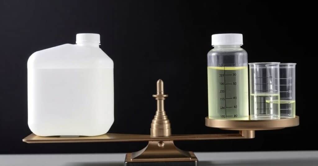 A balance scale with a gallon jug on one side and fluid ounce containers on the other, symbolizing precision in measurement.