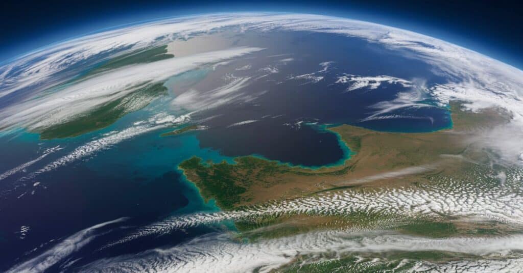 A satellite image of the Earth during the monsoon season. The image shows the bay of Bengal and the surrounding area. The water is a deep blue, and there are white clouds over the land.