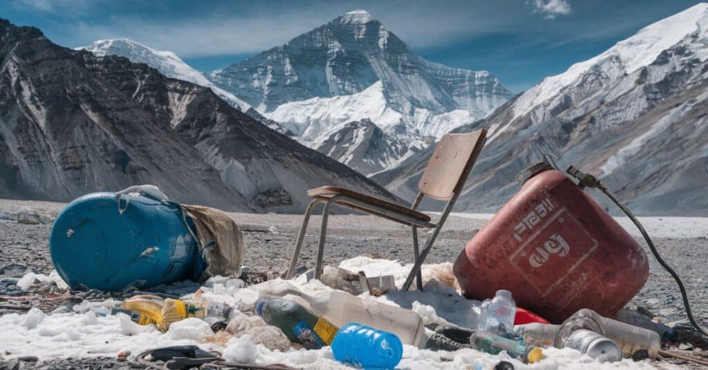 A picture of the mountainous landscape in the background. In the foreground, there are several large objects, including a chair and a gas cylinder, partially buried in the snow. There are also plastic bottles and other waste scattered around.