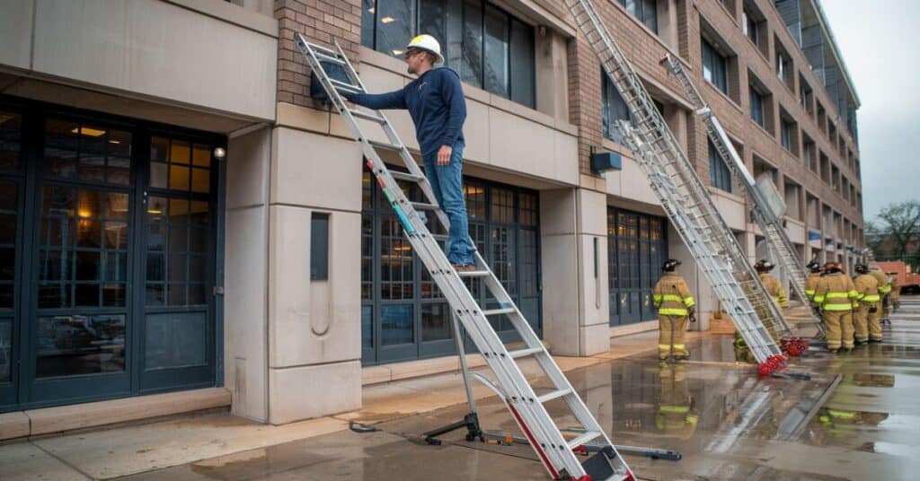 A photo of a 20 feet long extension ladders leaning against a building. The ladders are placed close together, with the longest one reaching the top of the building.