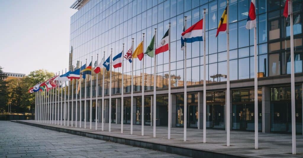 A photo of a row of 20 feet flagpoles with flags of different countries. The flagpoles are located in front of a building.