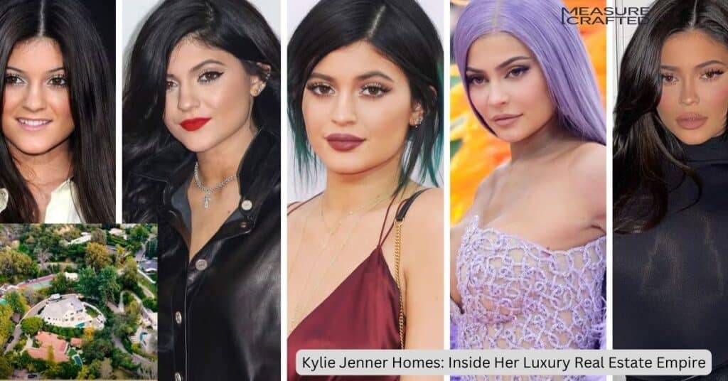 Different images of kylie jenner at different events and at the side their is small pic kylie jenner's villa.