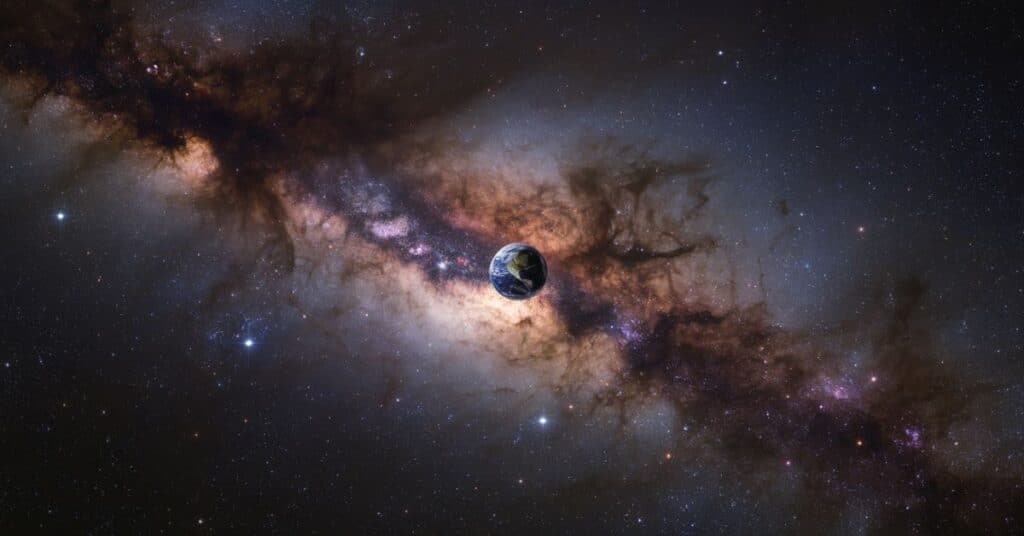 A photo of the Milky Way galaxy with the Earth at the center. The galaxy is filled with stars, nebulae, and dark matter.