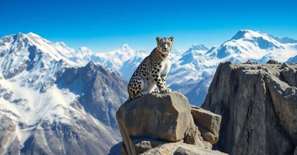 A snow leopard gracefully perched on a rocky ledge of Mount Everest, showcasing its majestic form against the breathtaking backdrop of snow covered peaks and a clear blue sky.