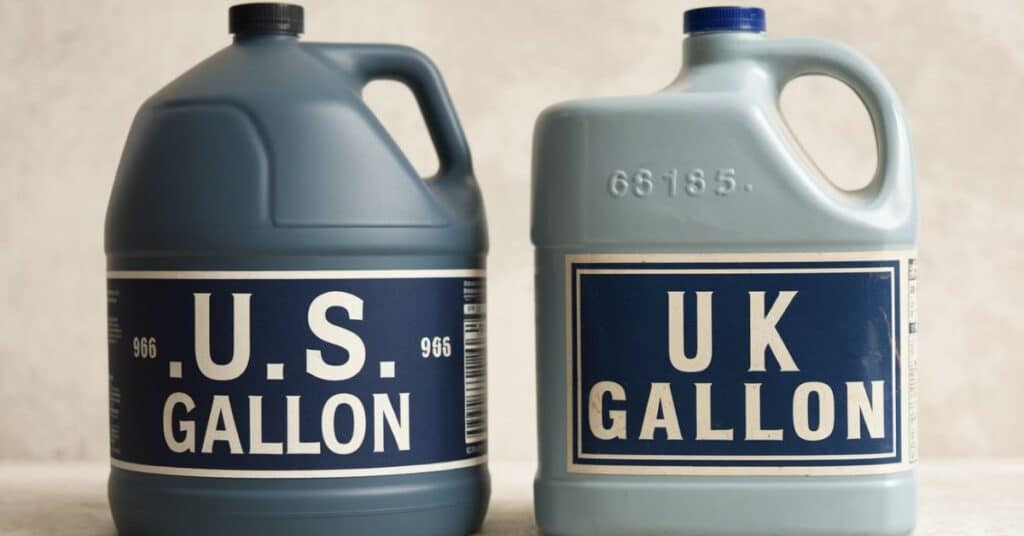 A side by side comparison of a US gallon jug and a UK gallon jug on a light background.