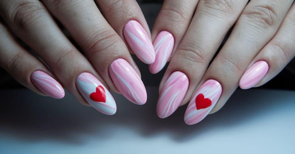 A photo of elegant almond shaped Valentine's Day nails. The nails have a pink and white marble design, with a small red heart on each ring finger nail.