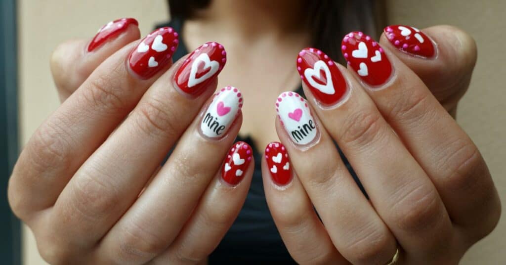 A medium shot of a woman's hands with beautifully designed nail art. The nails are painted red with white hearts and the words "Be Mine". There are also small pink and red hearts along the edge of the nails.