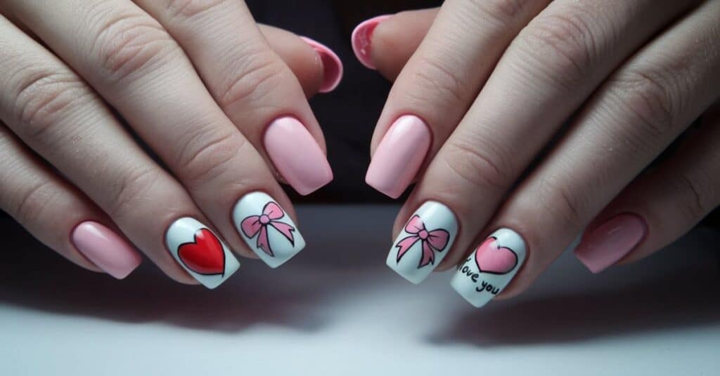 A photo of a woman with elegant short nails. Each nail has a Valentine's design. There is a red heart, a white heart with a pink bow, a white heart with a pink heart inside, and a white heart with a pink heart, a pink bow, and the text "I love you".