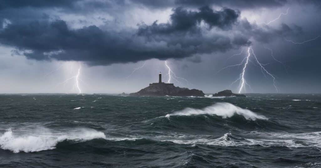 A terrifying image of the Northern North Sea during a storm. The sky is cloudy, with dark clouds and lightning. The sea is rough, with large waves and whitecaps. In the distance, a lighthouse stands tall on a rocky outcrop.