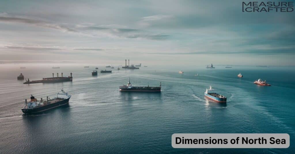 A high resolution aerial view of the North Sea, featuring deep blue waters, ships, oil rigs, in the distance. The horizon is showing a slight mist.