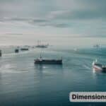 A high resolution aerial view of the North Sea, featuring deep blue waters, ships, oil rigs, in the distance. The horizon is showing a slight mist.