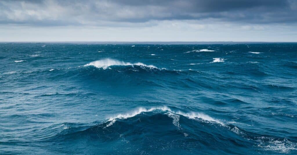 A view of the middle of the ocean with huge waves. The water is a deep blue, and the waves are a lighter blue with white foam at the tops.