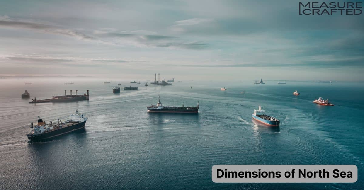 A high resolution aerial view of the North Sea, featuring deep blue waters, ships, oil rigs, in the distance. The horizon is showing a slight mist.