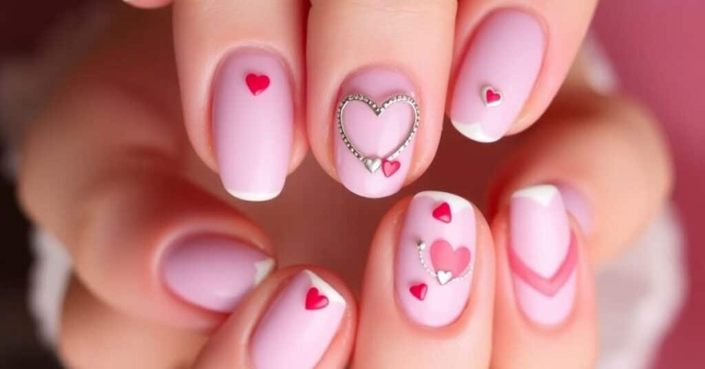 Soft oval nails with romantic Valentine’s details.