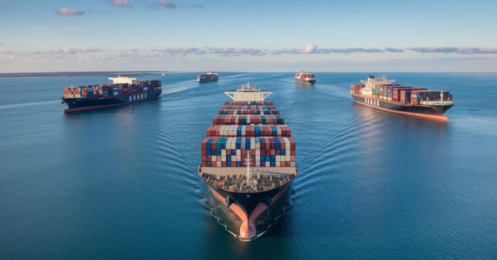 A photo of the middle of the North Sea with several massive cargo ships laden with containers. The ships are cruising through the calm, azure waters.