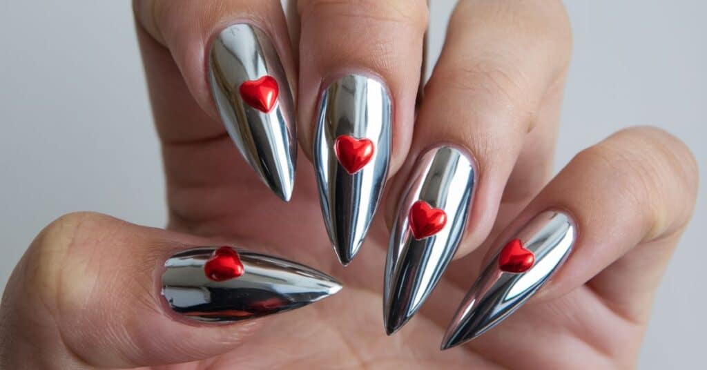 A photo of a hand with bold stiletto nails. The nails have a chrome finish and are adorned with small red hearts.