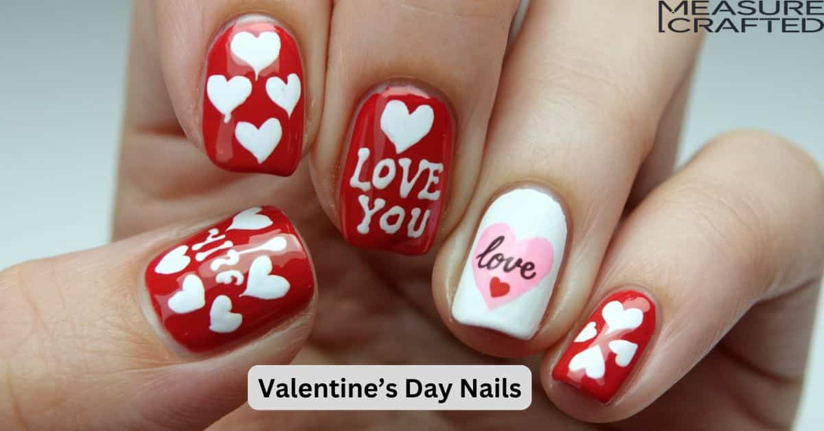 A close up shot of a woman's hand with Valentine's Day nails art. The nails are painted red with white hearts and the words "I love you". There are also small red hearts and a pink heart with the word "Love".