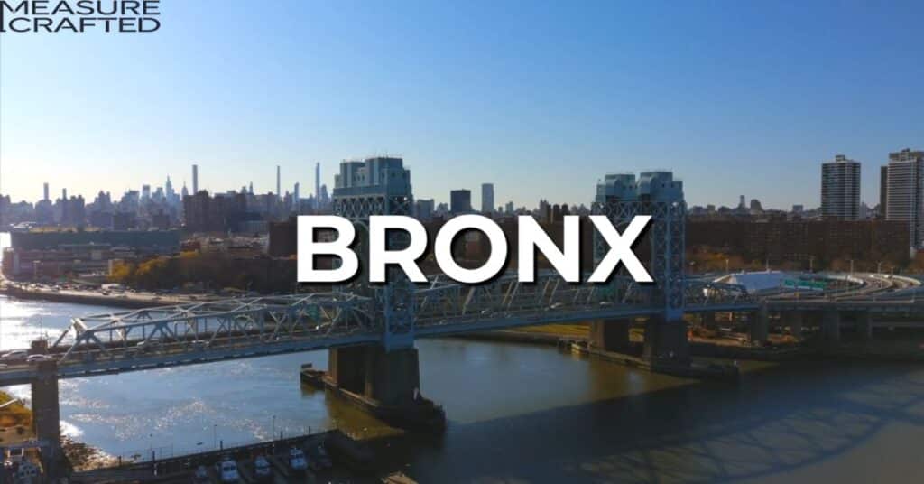 Ariel view of the bronx bridge of New York City. The word "bronx" is written on the picture.