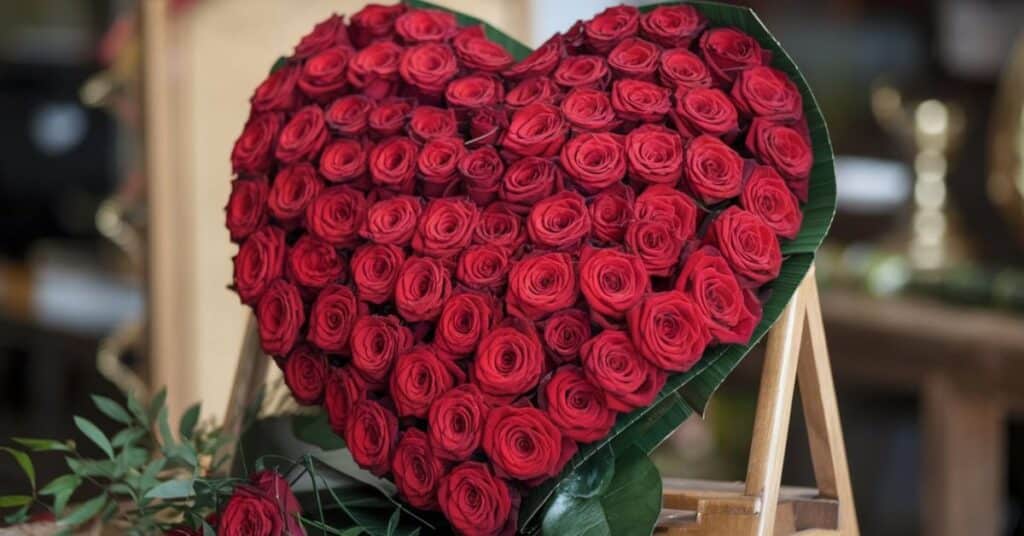 A photo of a heart shaped  Valentine flower bouquet of red roses. The roses are arranged to form a large, red heart. The bouquet is placed on a wooden stand.