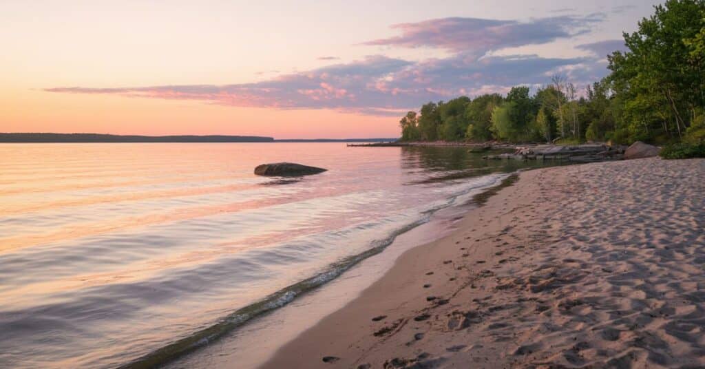 A serene view of the shoreline of Lake Michigan at sunrise. The water is calm, with a reflection of the sky and clouds. The sand is dotted with footprints. A few rocks are in the water. The shore is lined with trees. The sky is orange and pink.