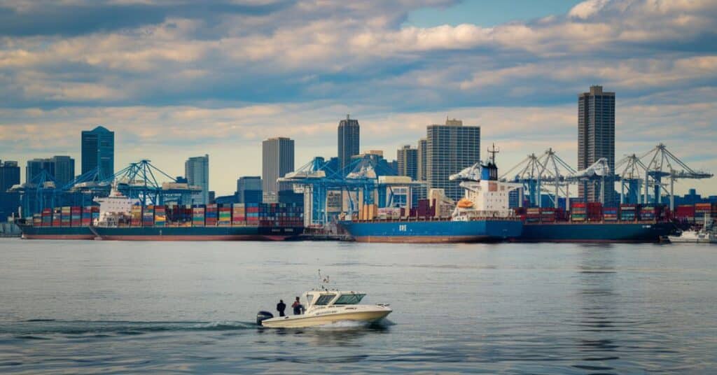 A photo of the Port of Lake Michigan with numerous cargo ships docked. In the foreground, there's a small boat with a few people. The background reveals a city with tall buildings.